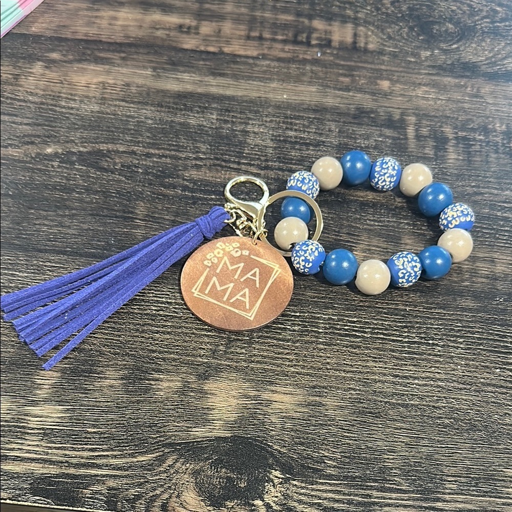 Mama Wooden Beaded Bracelet Keychain with Tassel & Thick Charm Royal Blue
